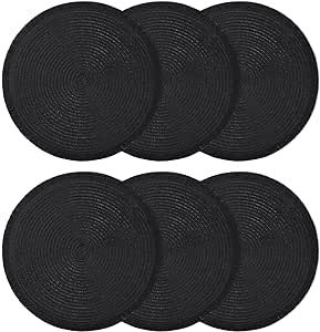 SHACOS 15inch Round Braided Placemats Set of 6, Washable Round Woven Tassel Placemats Decorative Place Mats with Fringe for Dining Table Kitchen Dinner Party (Black, 6)