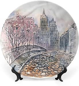 XISUNYA 6 Inch Decorative Plate, Landscape Dinner Plate, City Bridge Old Buildings Print Ceramic Wall Hanging Decor Accessory for Dining Table Tabletop Home Decor