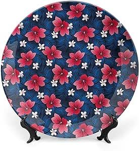 XISUNYA 7 Inch Decorative Plate, Hawaiian Dinner Plate, Exotic Flora Pattern Hibiscus Plumeria Blossoms Print Ornament Display Plate Decor Accessory for Dining, Parties, Wedding, Navy Blue Dark Coral