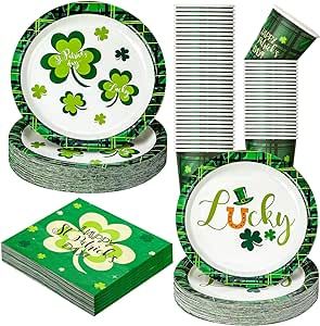 Hushee 200 Pcs St Patrick's Day Party Decorations Serves 50 Irish Shamrock Disposable Plates Dinnerware Sets with Paper Plates Napkin Disposable Cup for St Patrick's Day Party Supplies