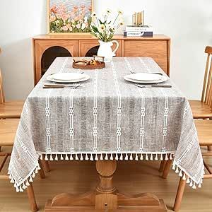 Veblandy Rustic Tablecloth Embroidered Linen Tablecloths with Tassels Farmhouse Dining Table Cover for Kitchen Wrinkle Free Table Cloth for Rectangle Tables, 55"x120", 10-12 Seats, Light Coffee