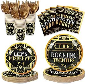 168 Pcs Roaring 1920's Party Tableware Set, 24 Guests Black and Gold Speakeasy Birthday Party Dinner Plates Dessert Plates Cups and Napkins for 1920s Vintage Wedding Party Supplies