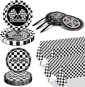 Racing Car Birthday Party Decorations - 162Pcs Racing Car Party Supplies, Dinner Plates Dessert Plates Tire Napkins Forks Checkered Tablecloth for Kids' Race Car Themed Birthday Party, Serves 40