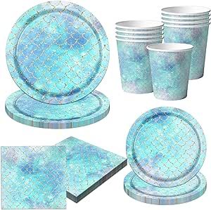 Mermaid Party Tableware Supplies,80Pcs Teal Blue Little Mermaid Birthday Decorations Set Mermaid Party Plates and Napkins Disposable Mermaid Dinnerware for Under The Sea Ocean Theme Party Serve 20
