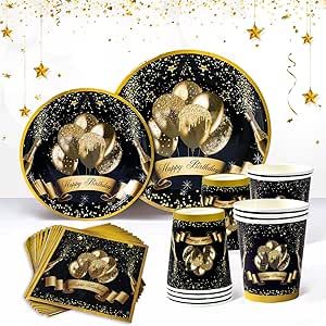 96PCS Black Gold Birthday Party Direction - Disposable Birthday Party Dinnerware Set Paper Plates Napkins Cups Happy Birthday Decorations for Women Men Serve 24 Guests