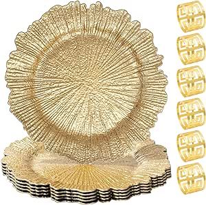 MAONAME Reef Charger Plates Set of 6, Bundles with 6 Pcs Gold Napkin Rings, Gold Plate Chargers Napkin Rings Bulk, Hollow Out Pattern Napkin Holders Plastic Chargers Set for Dinner Plates, Wedding