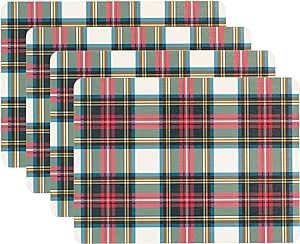 Hofdeco Premium Classic Christmas Holiday Placemats, Set of 4, Water Oil Proof Vegan Leather Place Mats for Dining Table, Scottish Tartan Plaid, Red, 14"x19"
