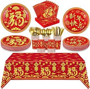 durony 170 Pieces 2024 Chinese New Year Party Tableware Set Red Chinese Spring Festival Tablecloth Chinese Spring Festival Dinnerware Set for 2024 Chinese New Year Party Supplies, Serve 24 Guests