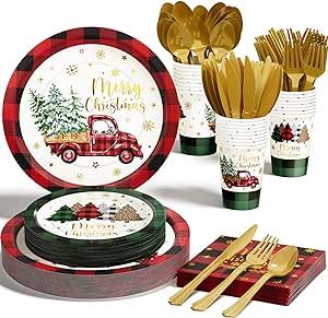 Christmas Party Decorations Supplies - 175 PCS Christmas Xmas Disposable Dinnerware Set(25 Guest) with Buffalo Plaid Truck Tree Paper Plates Napkin Cup Plastic Fork Knives Spoon for Holiday Decor