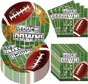 Umigy 100 Pcs Football Party Supplies Disposable Plates Napkins Set Football Gameday Tailgate Tableware Set Dinner Lunch Dessert Appetizer Decoration for Football Birthday Party Serves 50