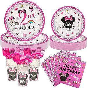 Mouse Birthday Party Supplies Plates - 120 PCS Mouse Party Favors - Pink Mouse Themed of Plates Napkins Forks and Cups Suit for girl 2nd Birthday Party Decoration Supplies