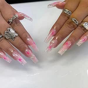 BABALAL Press on Fake Nails - Long Pink Glue on Rhinestone Planet Acrylic Stick on Ballerina Nails - 24Pcs 3D Star Nails for Women and Girls